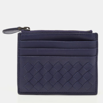 BOTTEGA VENETA Dark Blue Intrecciato Leather Zip Card Holder