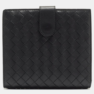 BOTTEGA VENETA Black Intrecciato Leather French Compact Wallet