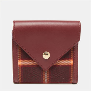 Burberry Burgundy Leather And Check Canvas Lila Trifold Compact Wallet