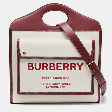 Burberry Burgundy/White Leather And Canvas Medium Pocket Bag