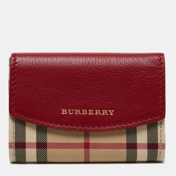 Burberry Red/Beige House Check Fabric and Leather Luna Compact Wallet