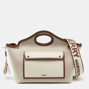 Burberry Beige/Brown Canvas and Leather Small Pocket Tote