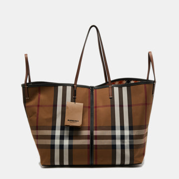 Burberry Birch Brown Check Canvas and Leather Extra Large Beach Tote