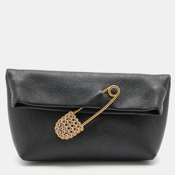 Burberry Black Leather Crystal Embellished Pin Clutch