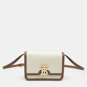 Burberry Off White/Brown Canvas and Leather Small TB Shoulder Bag