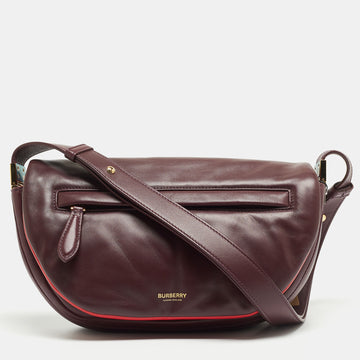 BURBERRY Maroon Leather Small Olympia Shoulder Bag