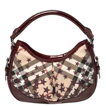 Burberry Burgundy/Beige Star Check PVC and Patent Leather Hernville Hobo