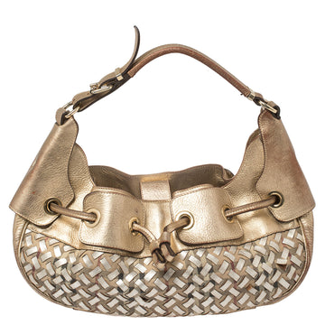 Burberry Metallic Gold /Beige Woven Nova Check PVC and Leather Warrior Hobo