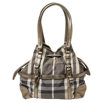 Burberry Metallic/Grey House Check Shimmer Fabric and Leather Drawstring Buckle Tote