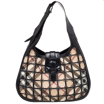 Burberry Beige/Black Nova Check Canvas And Leather Studded Brooke Warrior Hobo