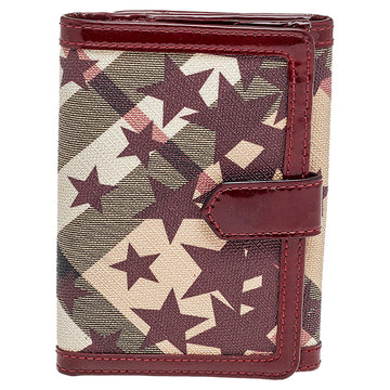 Burberry Beige/Burgundy Nova Check Stars Printed Coated Canvas And Patent Leather Compact Wallet