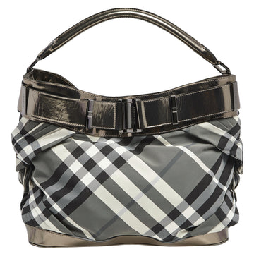 Burberry Metallic/Black Beat Check Nylon and Glossy Leather Buckle Shoulder Bag