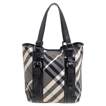 Burberry Black Beat Check Nylon And Patent Leather Small Lowry Tote