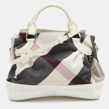 Burberry Off White Leather and Mega Check Canvas Tote