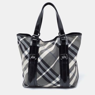 Burberry Black Beat Check Nylon and Patent Leather Lowry Tote