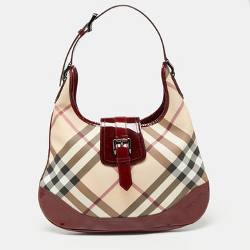 Burberry Red/Beige Nova Check PVC And Patent Leather Brooke Hobo