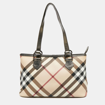 Burberry Metallic/Beige Nova Check PVC and Patent Leather Top Zip Tote