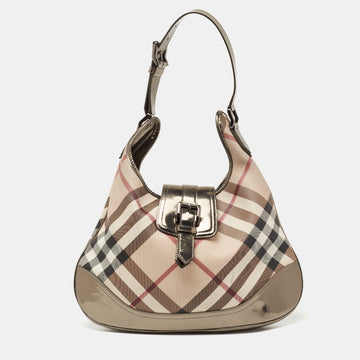 Burberry Metallic/Beige Nova Check PVC and Patent Leather Large Brooke Hobo