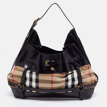 Burberry Black/Beige House Check Canvas and Leather Bridle Hobo