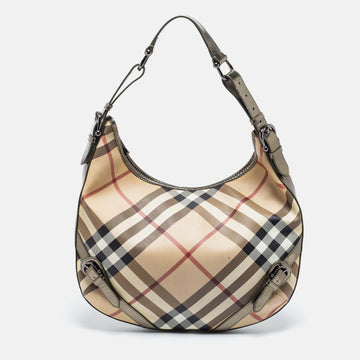 Burberry Green/Beige Nova Check PVC and Patent Leather Buckle Hobo