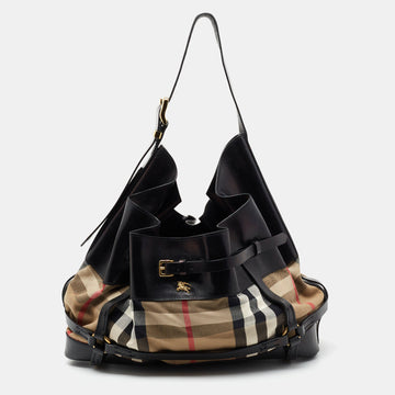 Burberry Black/Beige House Check Canvas and Leather Bridle Hobo