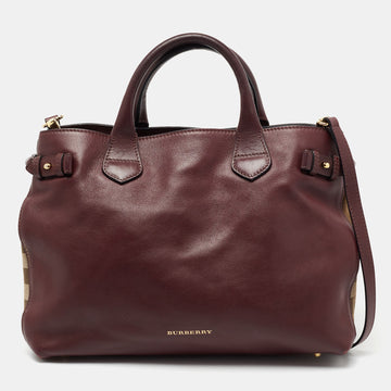 Burberry Burgundy Leather and House Check Canvas Medium Banner Tote