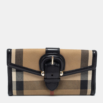 Burberry Black/Beige House Check Canvas and Leather Buckle Flap Continental Wallet