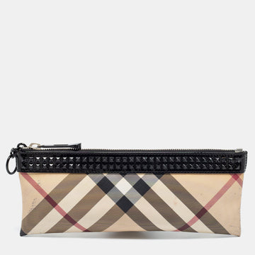 Burberry Beige/Black Nova Check PVC and Patent Leather Studded Wristlet Clutch