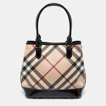 Burberry Black/Beige Nova Check PVC And Patent Leather Snap Tote