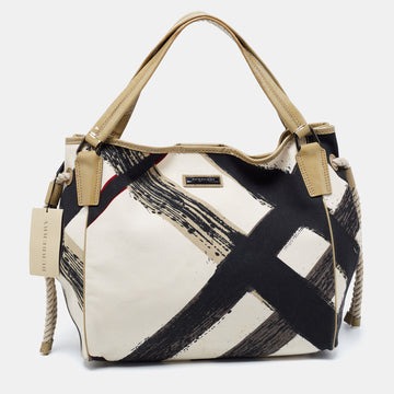 Burberry Beige Brushstroke Check Canvas and Patent Leather Biltmore Shopper Tote