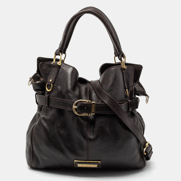Burberry Dark Brown Pebbled Leather Belted Tote