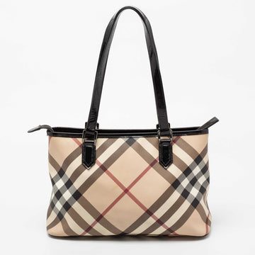 Burberry Beige/Black Supernova Check Coated Canvas And Patent Leather Nickie Tote