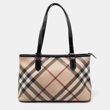 Burberry Beige Nova Check Coated Canvas and Leather Top Zip Tote