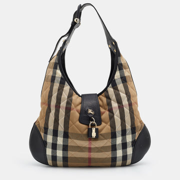 Burberry Beige/Black Quilted House Check Canvas And Leather Brooke Hobo