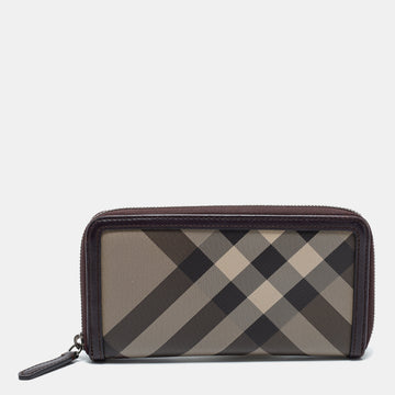 Burberry Brown Coated Canvas And Leather Smoked Check Zip Around Wallet