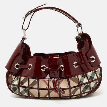 Burberry Beige/Burgundy Super Nova Check Mini Warrior Studded Hobo