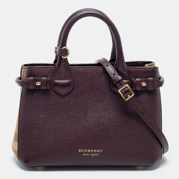 Burberry Burgundy/Beige Leather and House Check Canvas Small Banner Tote