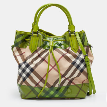 Burberry Beige/Green PVC and Patent Leather Drawstring Tote