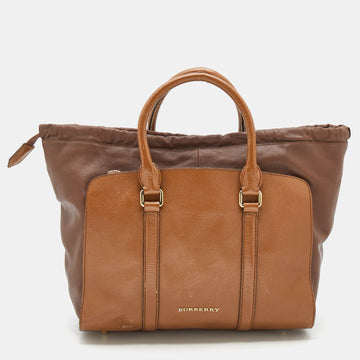 Burberry Brown/Tan Patent and Leather Drawstring Tote