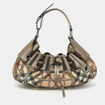 Burberry Beige/Metallic Grey Super Nova Check PVC And Leather Mini Warrior Studded Hobo