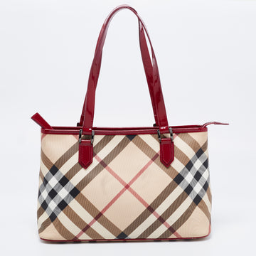 Burberry Beige/Red Nova Check PVC and Patent Leather Nickie Tote