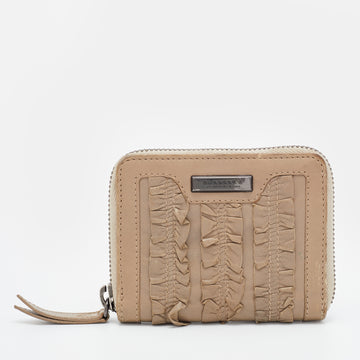 Burberry Beige Ruffled Leather Zip Around Compact Wallet