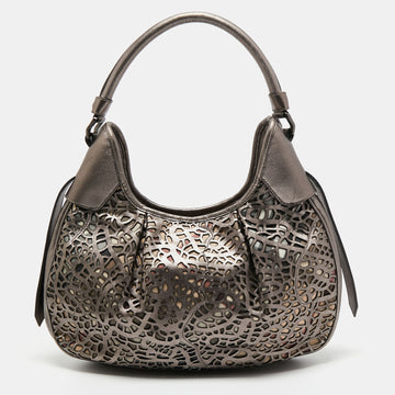 Burberry Metallic Grey Lasercut Leather And Super Nova Check Canvas Brooklyn Hobo