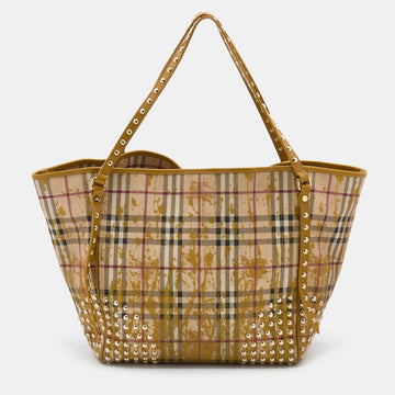 Burberry Beige/Yellow Haymarket Check Coated Canvas and Leather Studded Special Edition Canterbury Tote