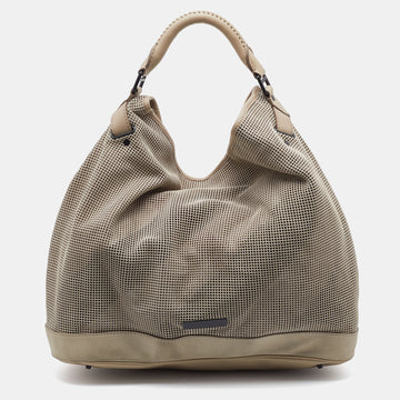 BURBERRY Beige Perforated Suede and Leather Oversized Hobo