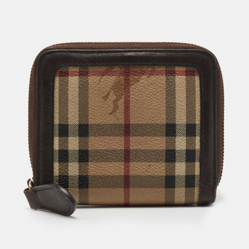 BURBERRY Brown/Beige Haymarket Check Coated Canvas and Leather Zip Around Wallet