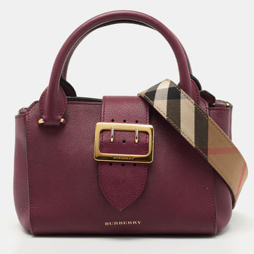 Burberry Burgundy Grained Leather Small Buckle Tote