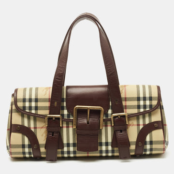 Burberry Brown/Beige Haymarket Check Coated Canvas and Leather Buckle Flap Shoulder Bag