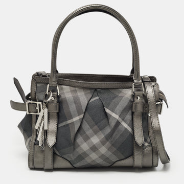 BURBERRY Metallic Grey Shimmer Beat Check Canvas and Leather Lowry Tote