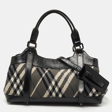 Burberry Black Beat Check Nylon and Patent Leather East/West Tote